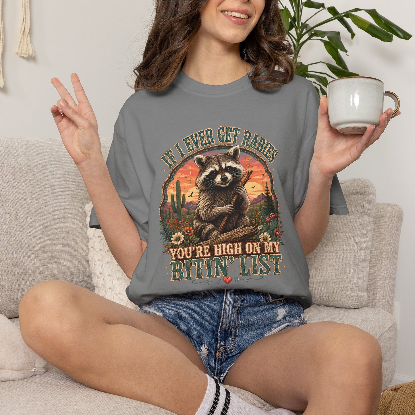 Raccoon Sunset T‑Shirt — “If I Ever Get Riches You’re High On My Bitin’ List” Funny Retro Graphic Tee