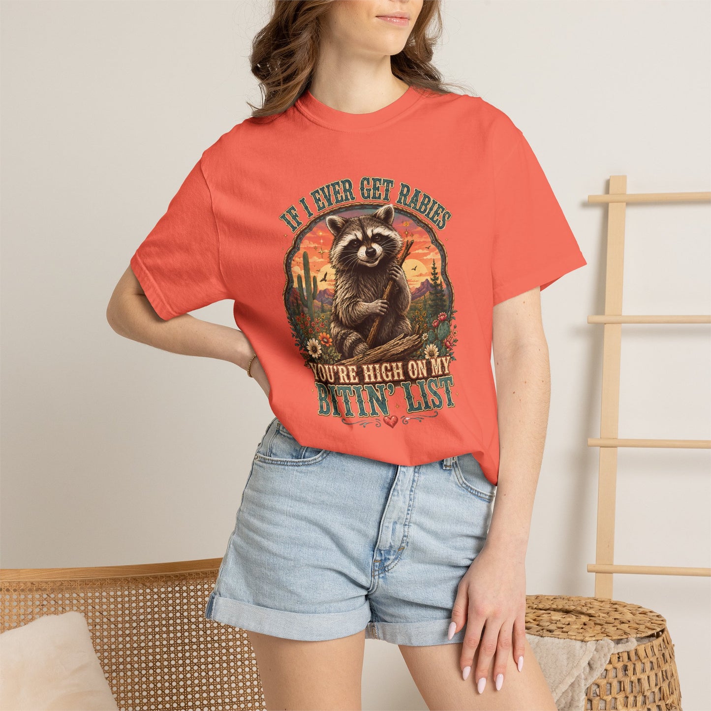 Raccoon Sunset T‑Shirt — “If I Ever Get Riches You’re High On My Bitin’ List” Funny Retro Graphic Tee
