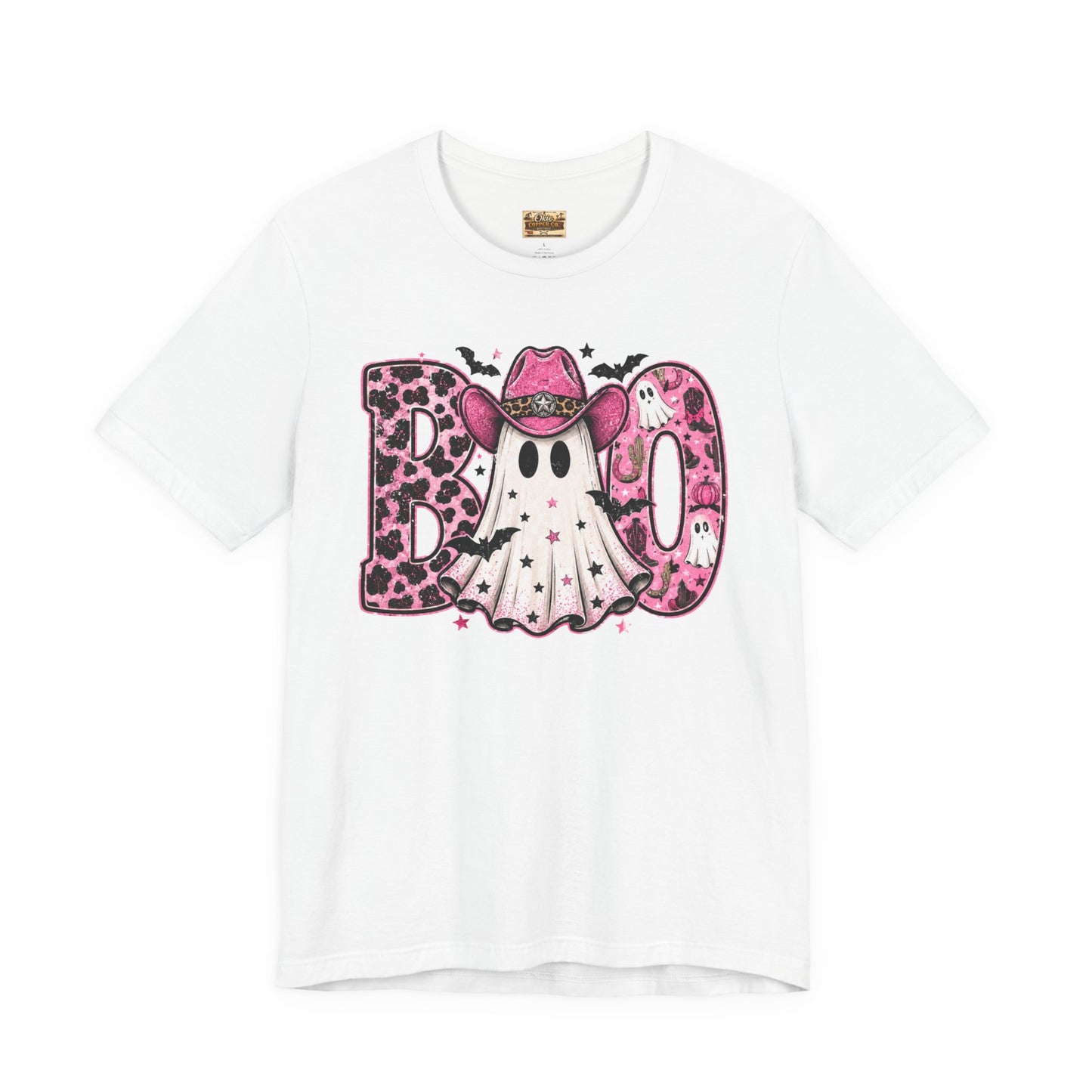 Boo Pink Leopard Ghost Tee — Cute Cowgirl Halloween T-Shirt