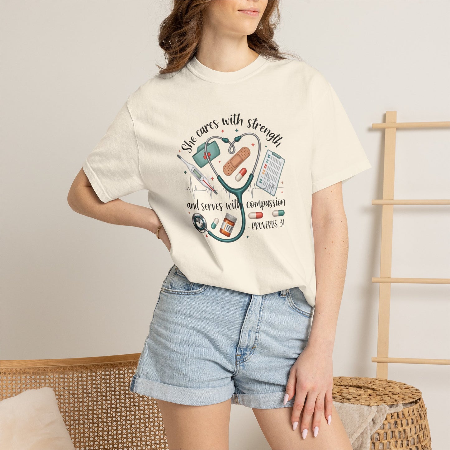 Nurse Heartbeat Graphic T-Shirt — "She Cares with Strength" Psalm 31 Christian Tee