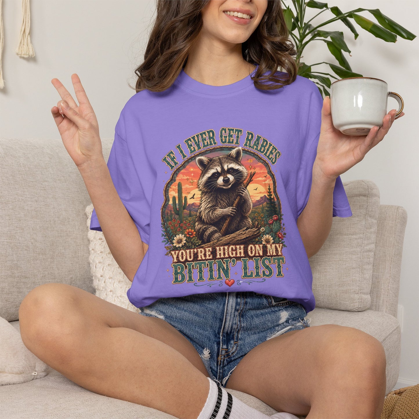 Raccoon Sunset T‑Shirt — “If I Ever Get Riches You’re High On My Bitin’ List” Funny Retro Graphic Tee