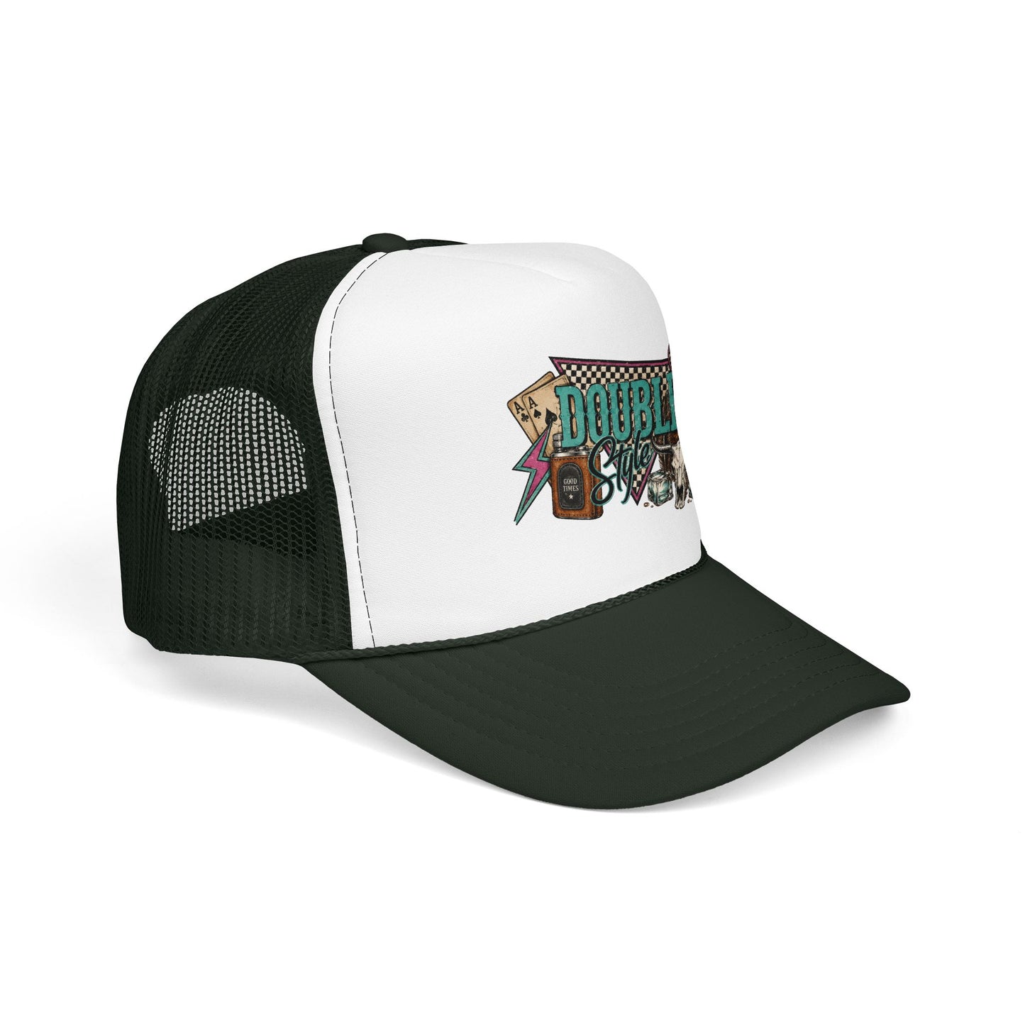 Double Shot Retro Foam Trucker Hat — Vintage Neon Coffee & Camera Patch