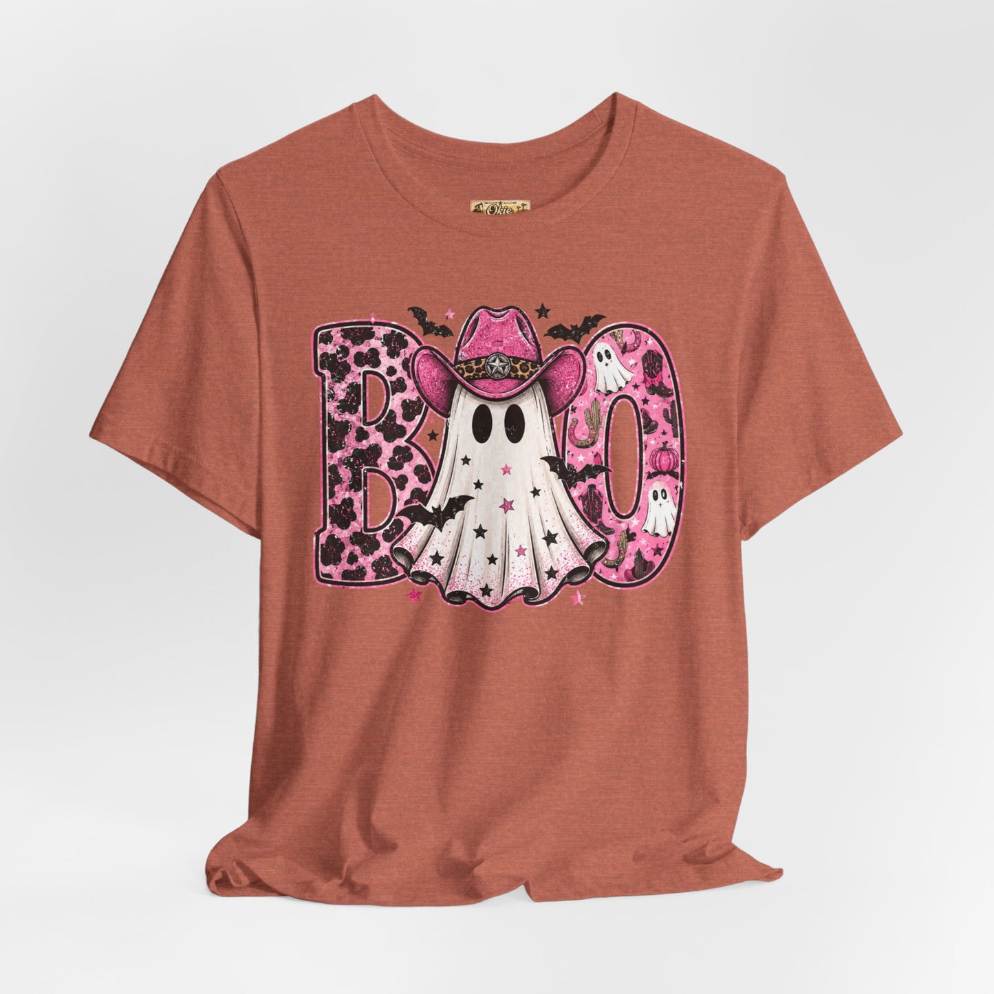Boo Pink Leopard Ghost Tee — Cute Cowgirl Halloween T-Shirt