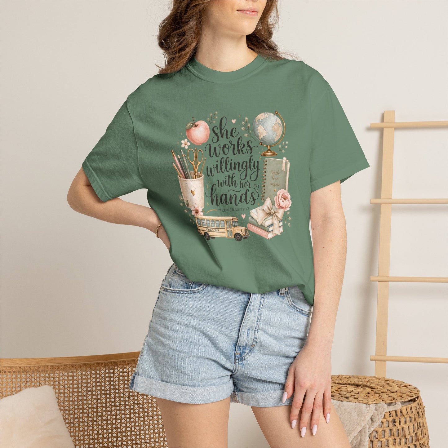 Teacher T-Shirt — "She Works Willingly With Her Hands" Cozy Classroom Gift