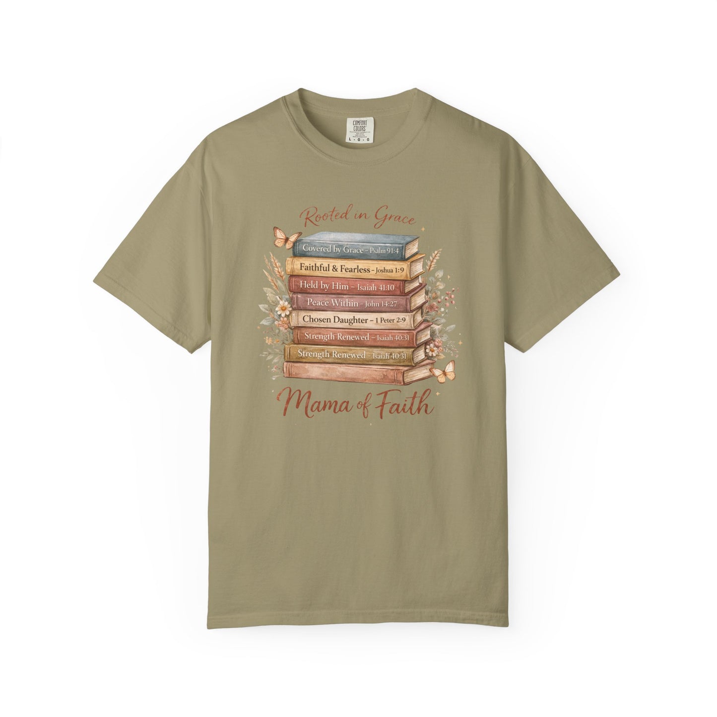 Mama of Faith Book Stack T‑Shirt — Rooted in Grace Christian Mother's Tee