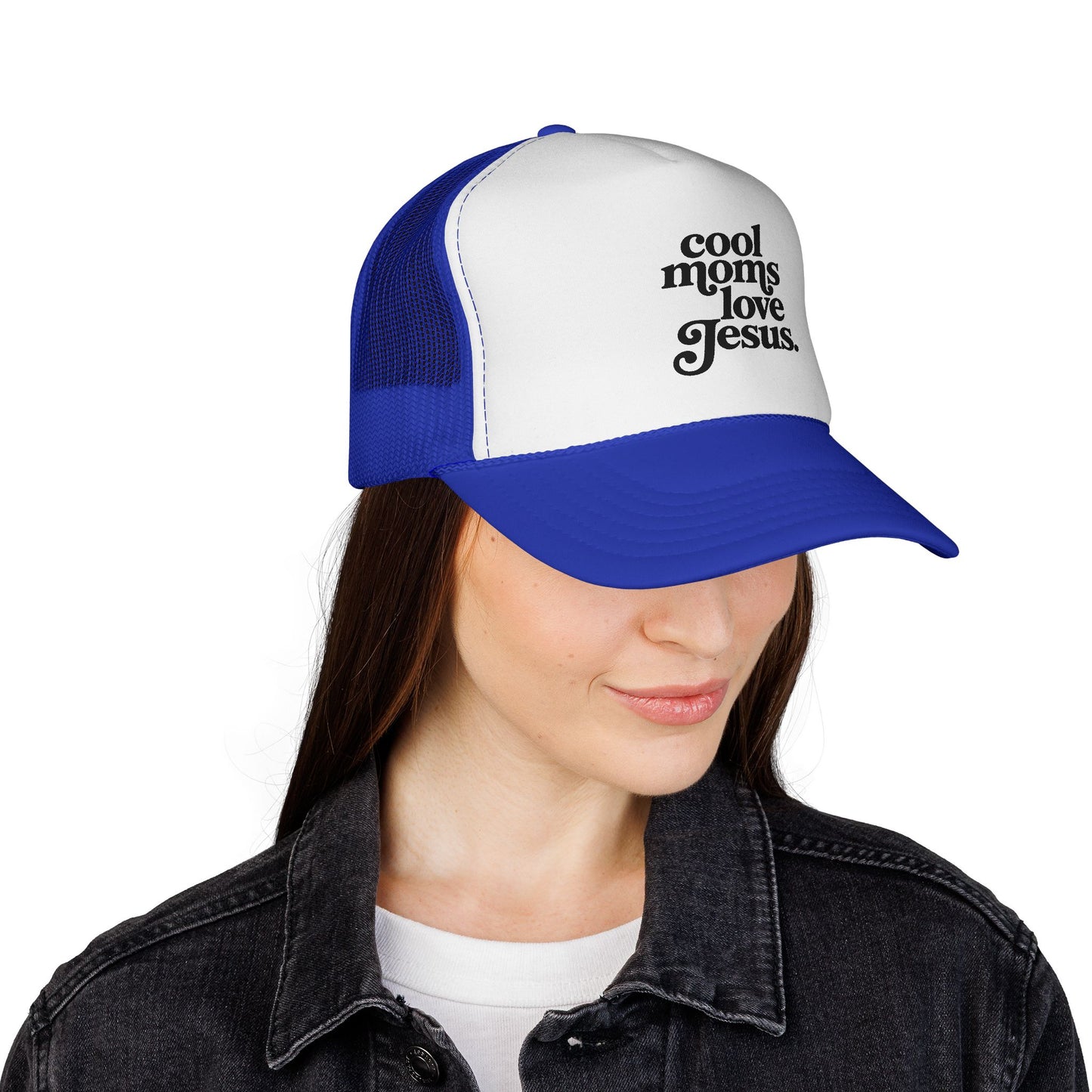 Trucker Cap — "Cool Moms Love Jesus" Retro Script Faith Hat