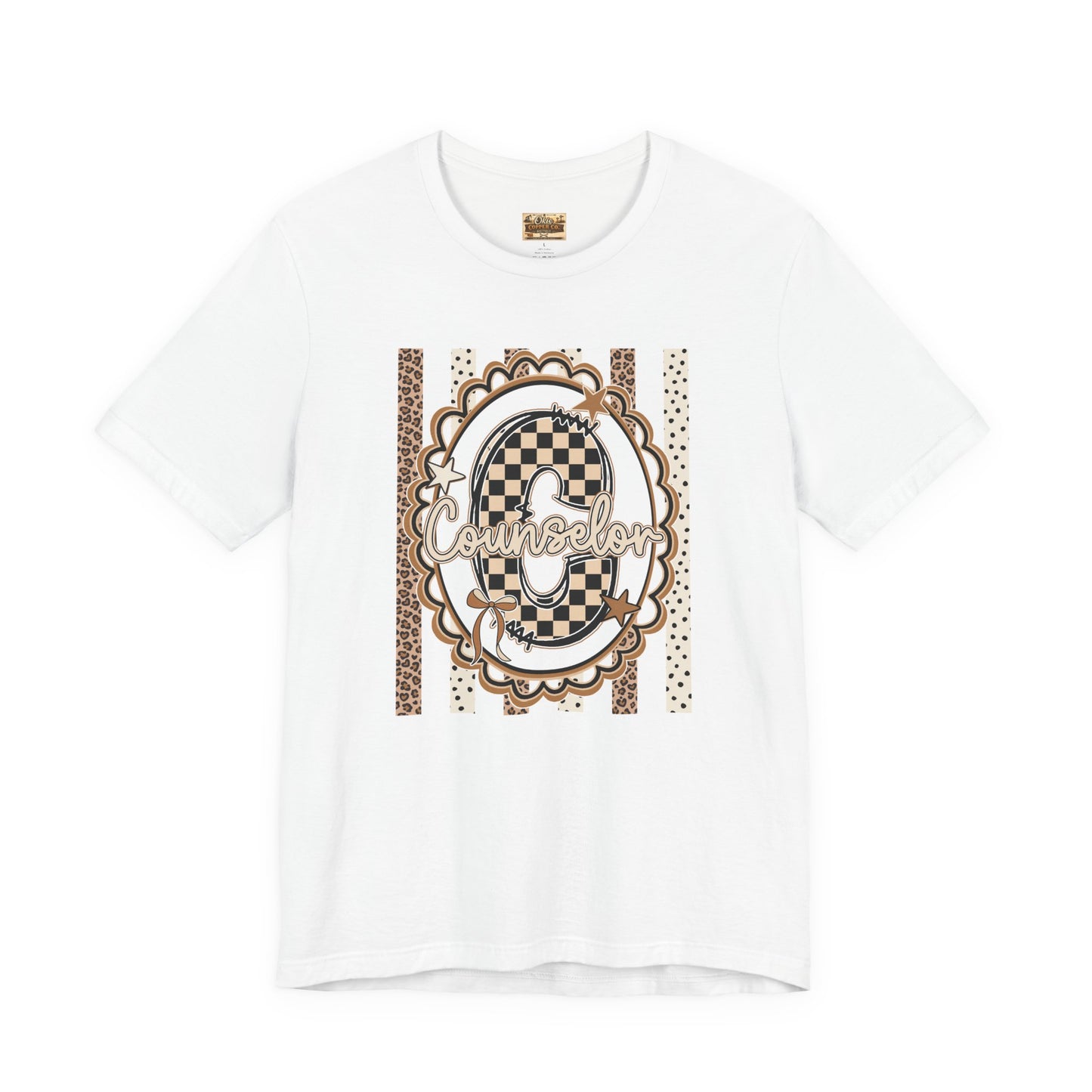 Counselor Tee — Retro Checkerboard & Leopard Print Graphic T-Shirt