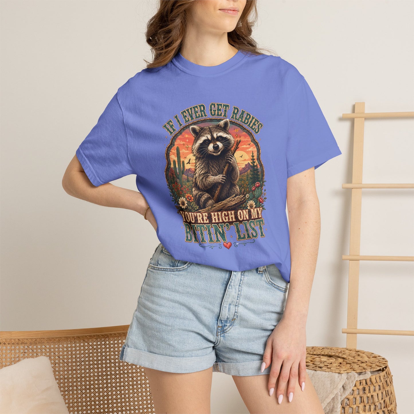 Raccoon Sunset T‑Shirt — “If I Ever Get Riches You’re High On My Bitin’ List” Funny Retro Graphic Tee