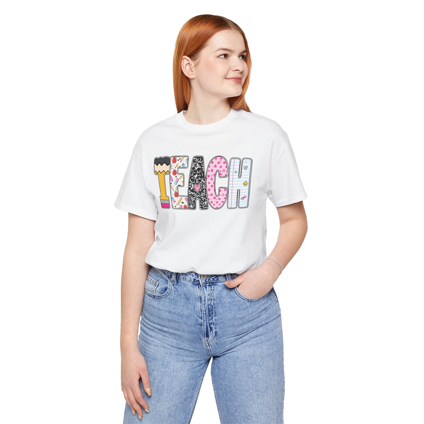 Teach Colorblock Graphic Tee – Cute Patterned Teacher T-Shirt