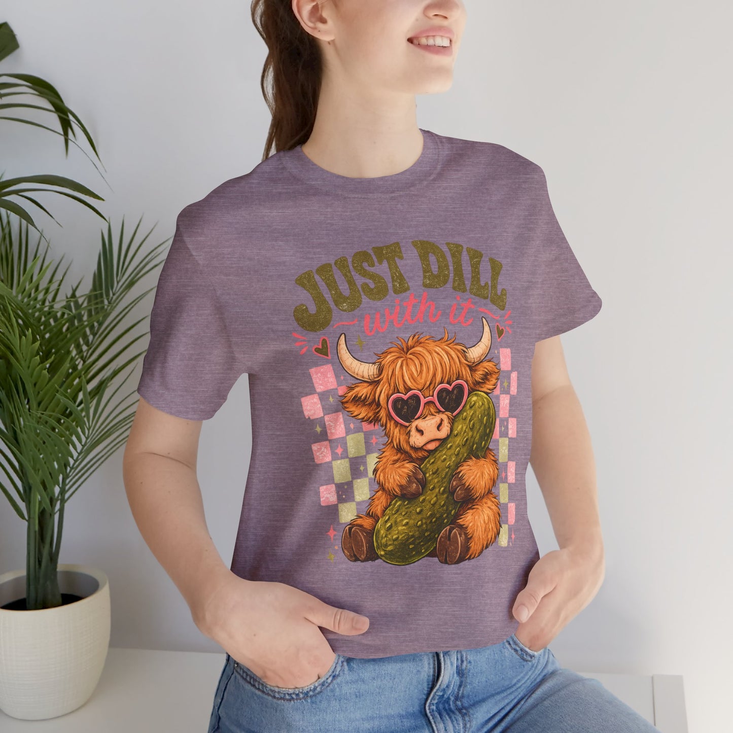 Just Dill With It Tee — Cute Highland Cow Hugging Pickle Graphic T‑Shirt
