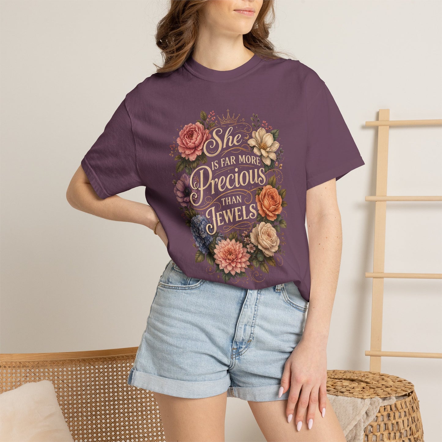 T-Shirt — “She Is Far More Precious Than Jewels” Floral Inspirational Tee