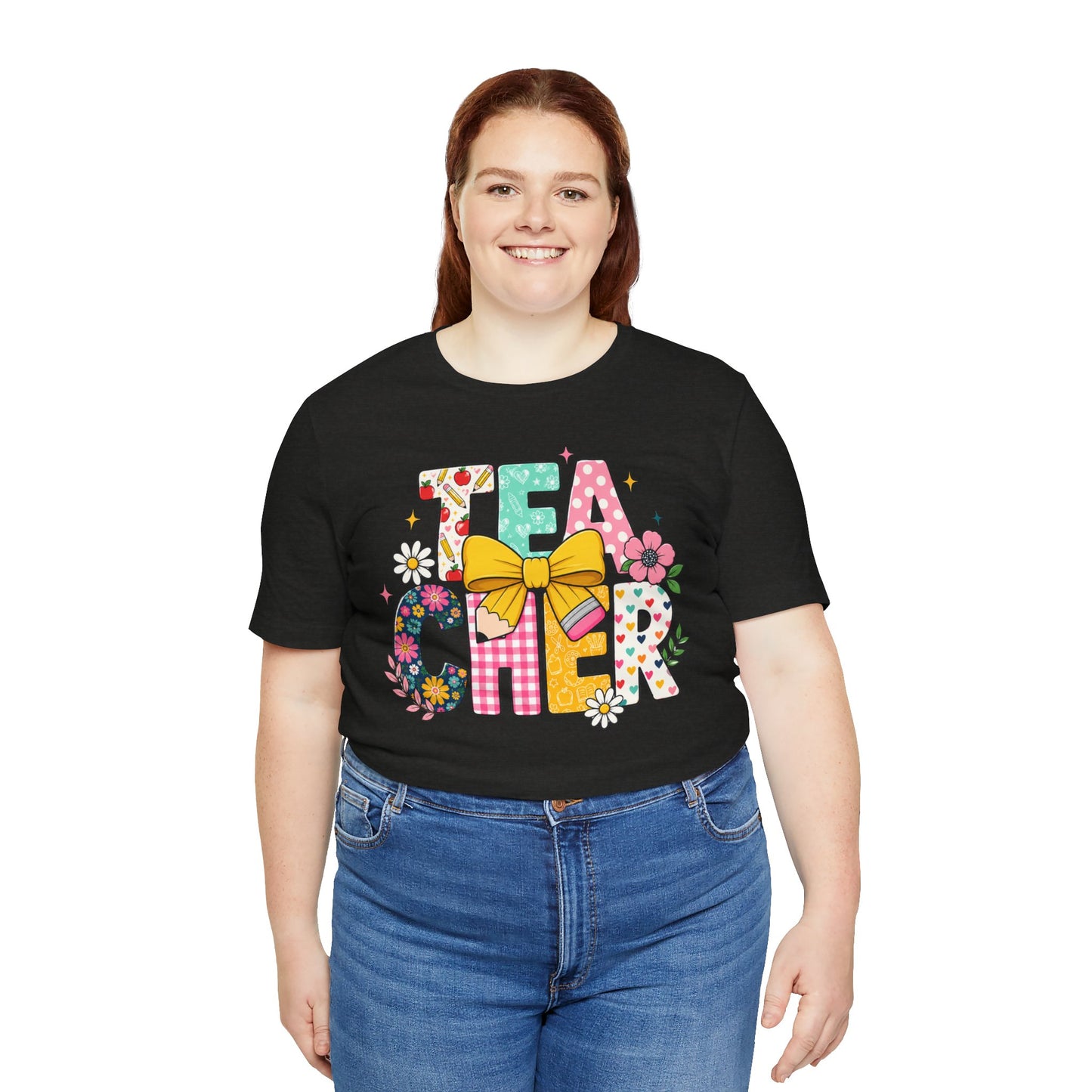 Teacher Floral Bow T-Shirt — Cute 'Teach er' Colorful School Shirt for Teachers