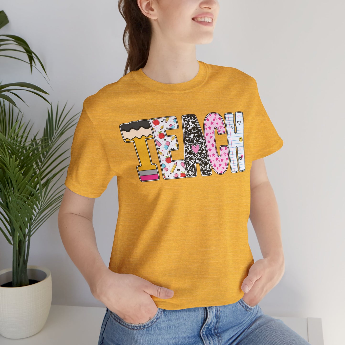Teach Colorblock Graphic Tee – Cute Patterned Teacher T-Shirt