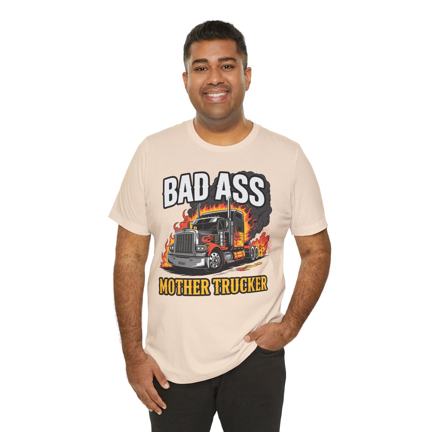 Bad Ass Mother Trucker Tee — Graphic Semi Truck Flames Shirt