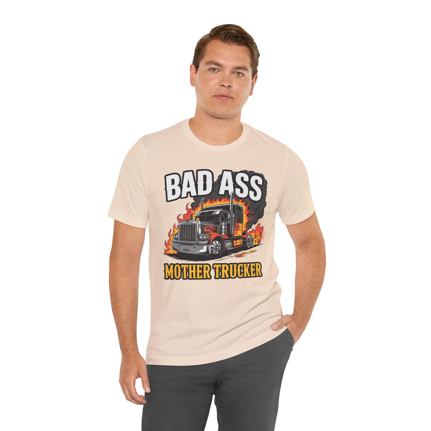 Bad Ass Mother Trucker Tee — Graphic Semi Truck Flames Shirt