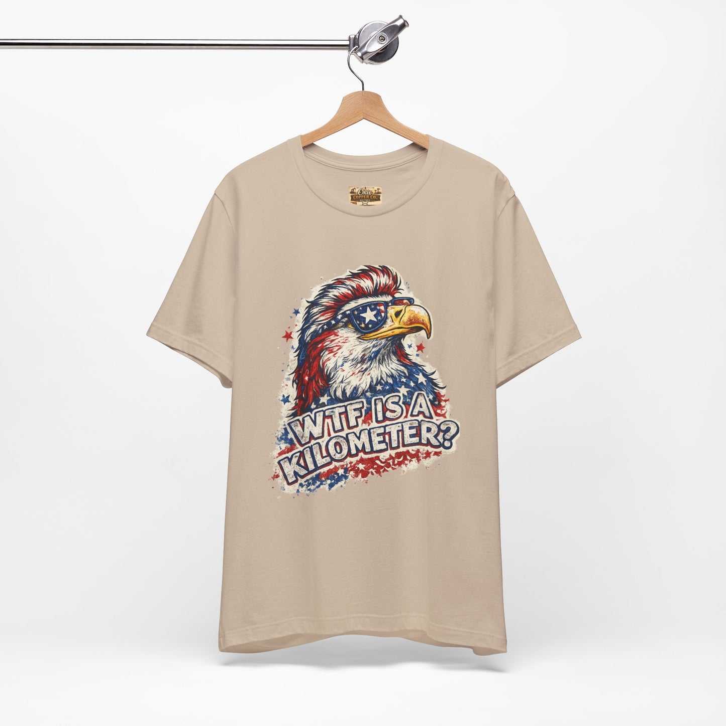 Patriotic Eagle Tee — "WTF Is A Kilometer?" Funny 4th of July Shirt