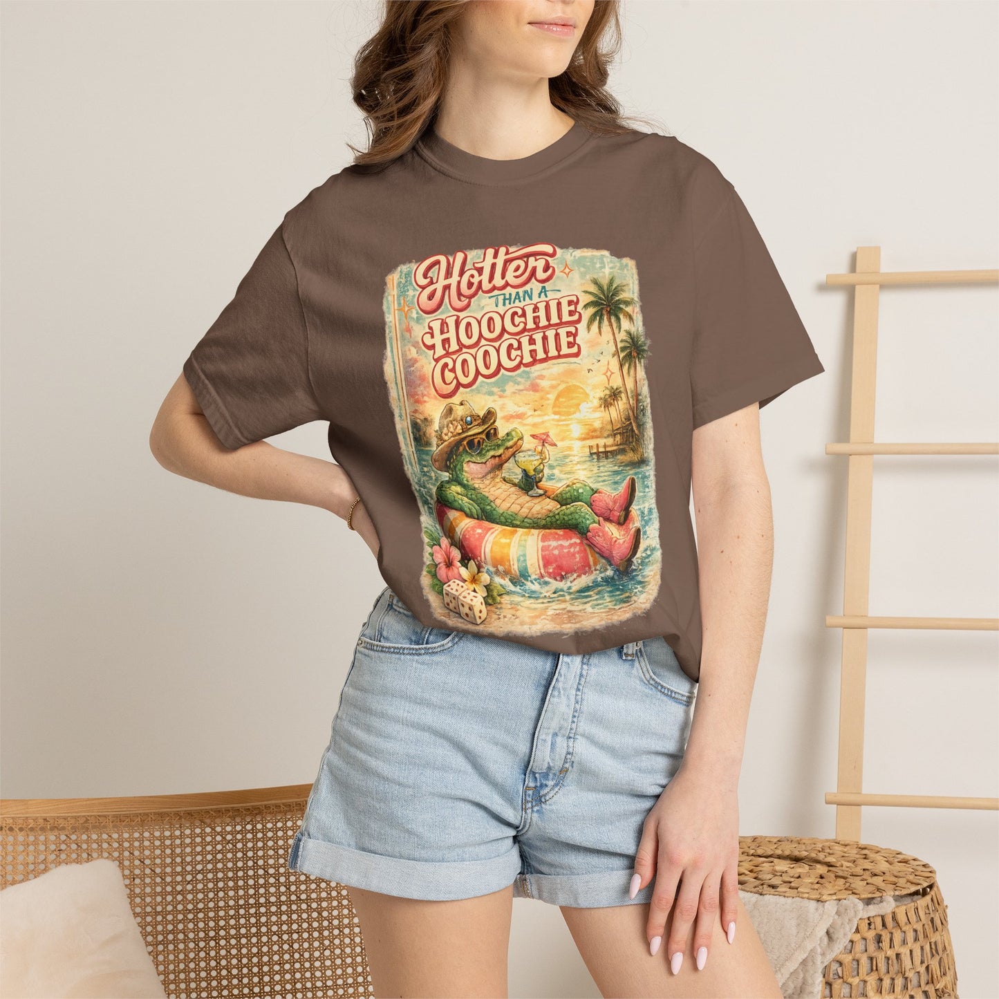 "Hotter Than a Hoochie Coochie" Retro Alligator Beach Graphic