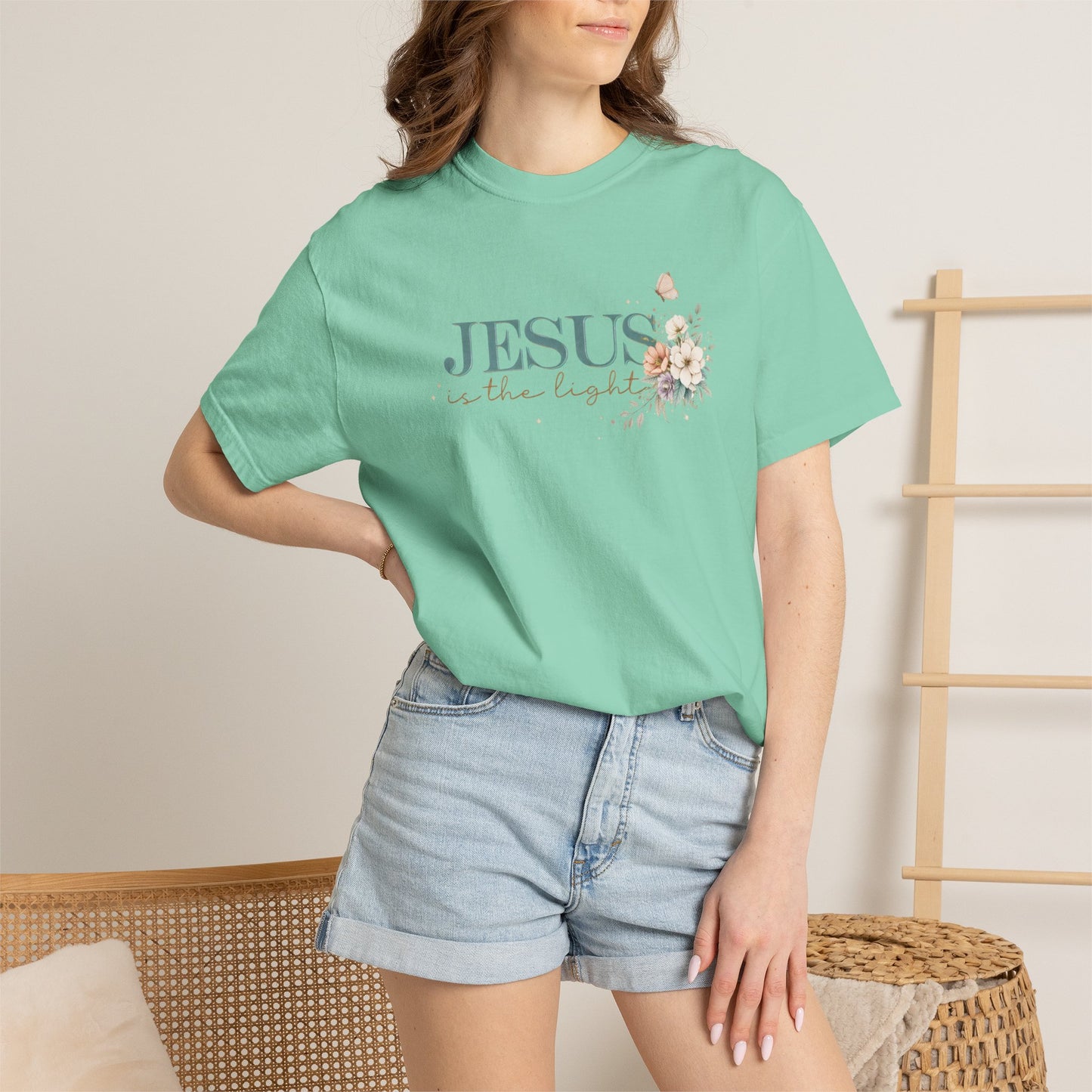 Jesus Is the Light T-Shirt — Floral Cross Christian Tee (Walking in Faith)