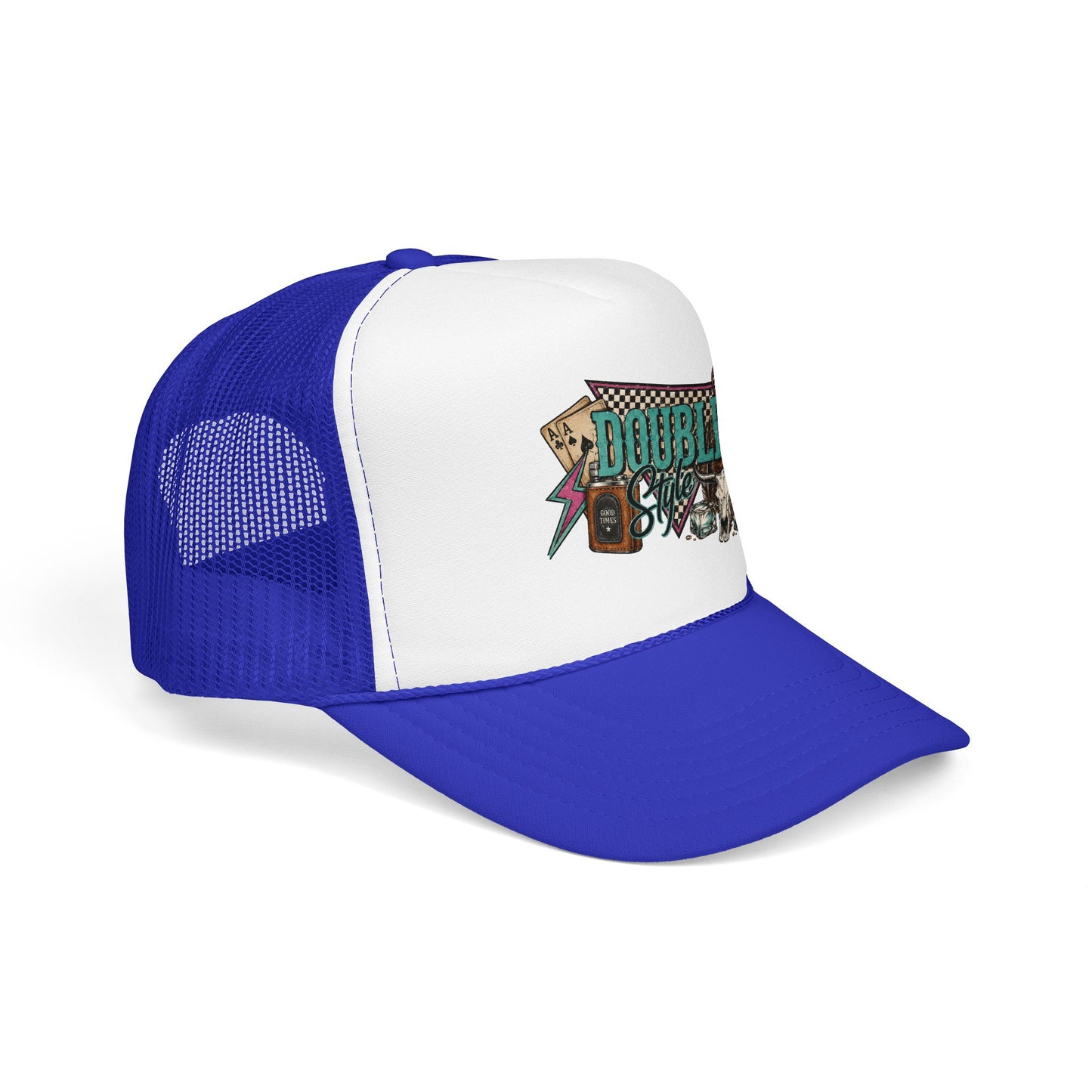 Double Shot Retro Foam Trucker Hat — Vintage Neon Coffee & Camera Patch