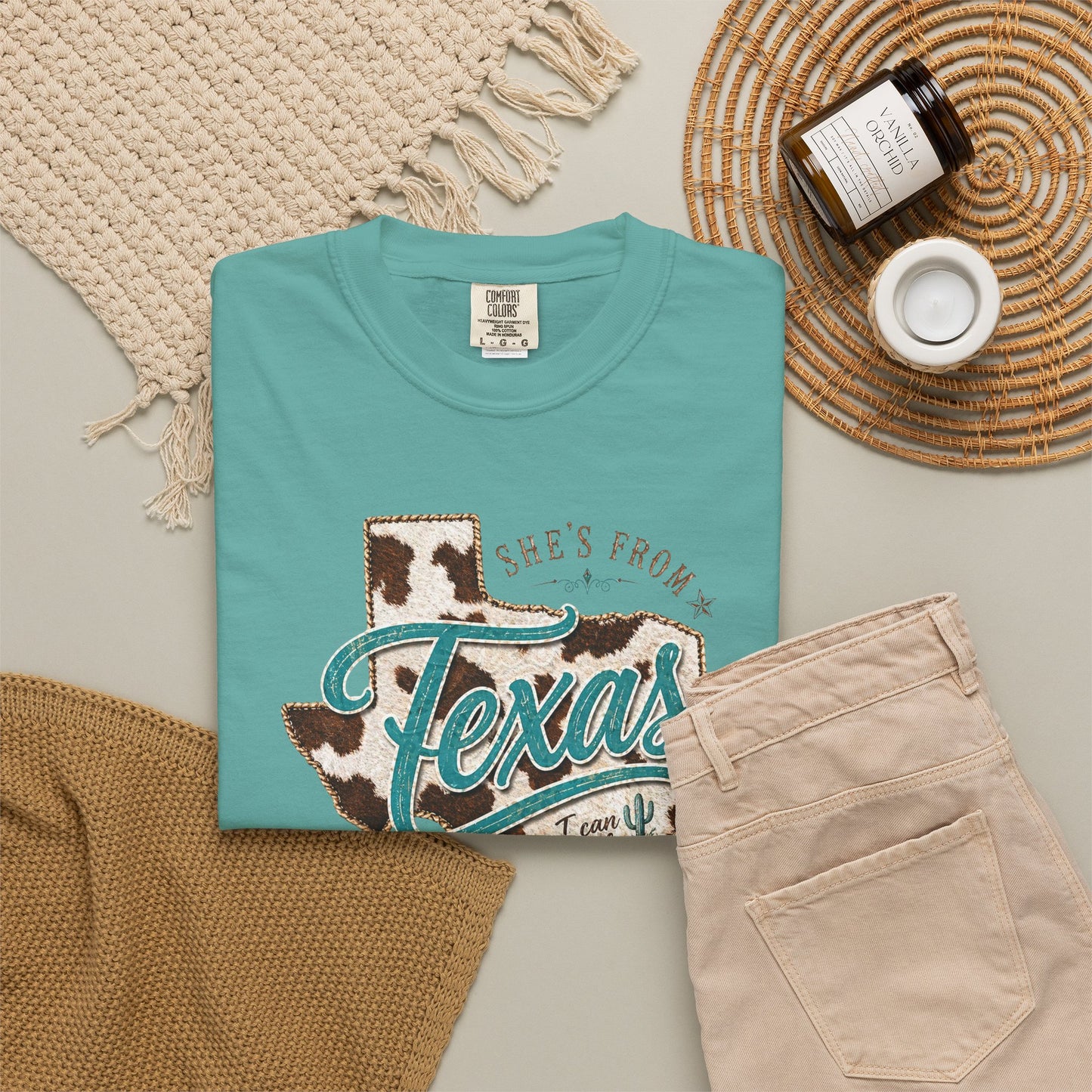 Texas Cowhide Graphic T-Shirt — "She's From Texas" Retro Western Tee