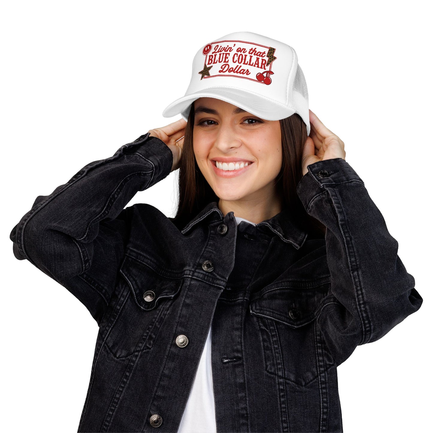 Livin' On That Blue Collar Dollar Foam Trucker Hat — Retro Workwear Cherry Patch