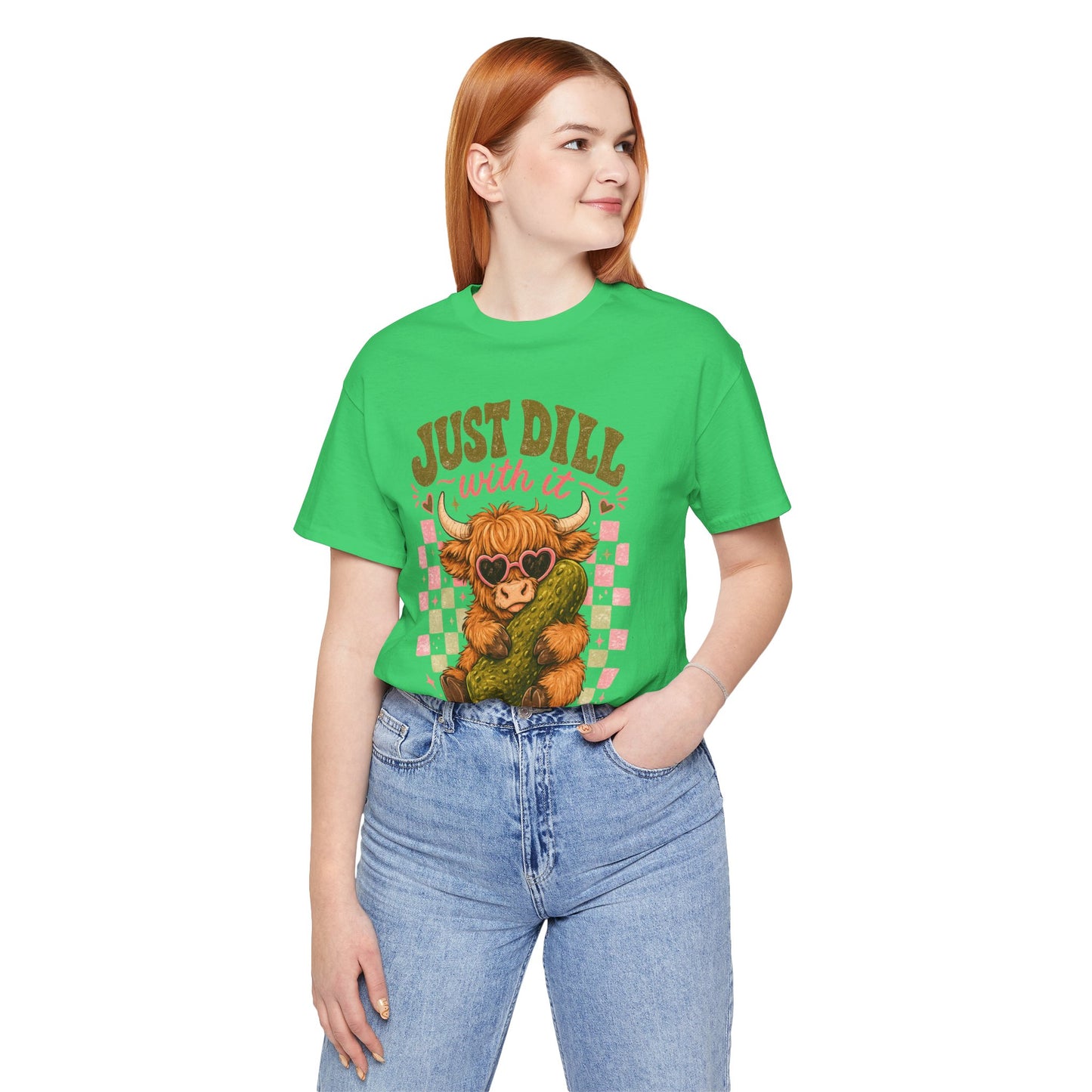 Just Dill With It Tee — Cute Highland Cow Hugging Pickle Graphic T‑Shirt
