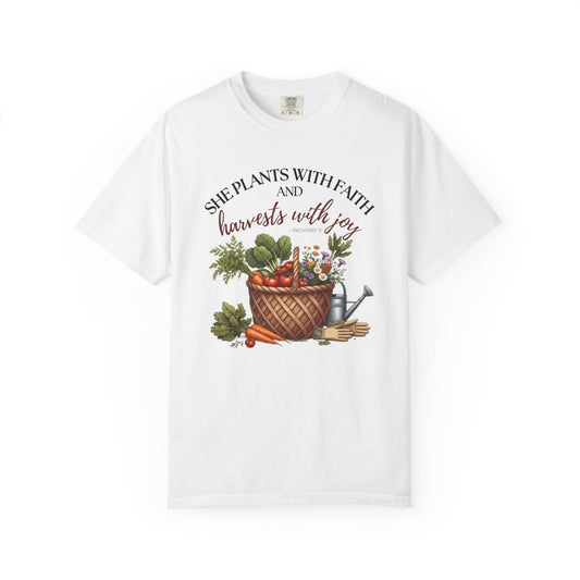She Plants With Faith Garden T‑Shirt — Harvests With Joy Floral Basket Tee