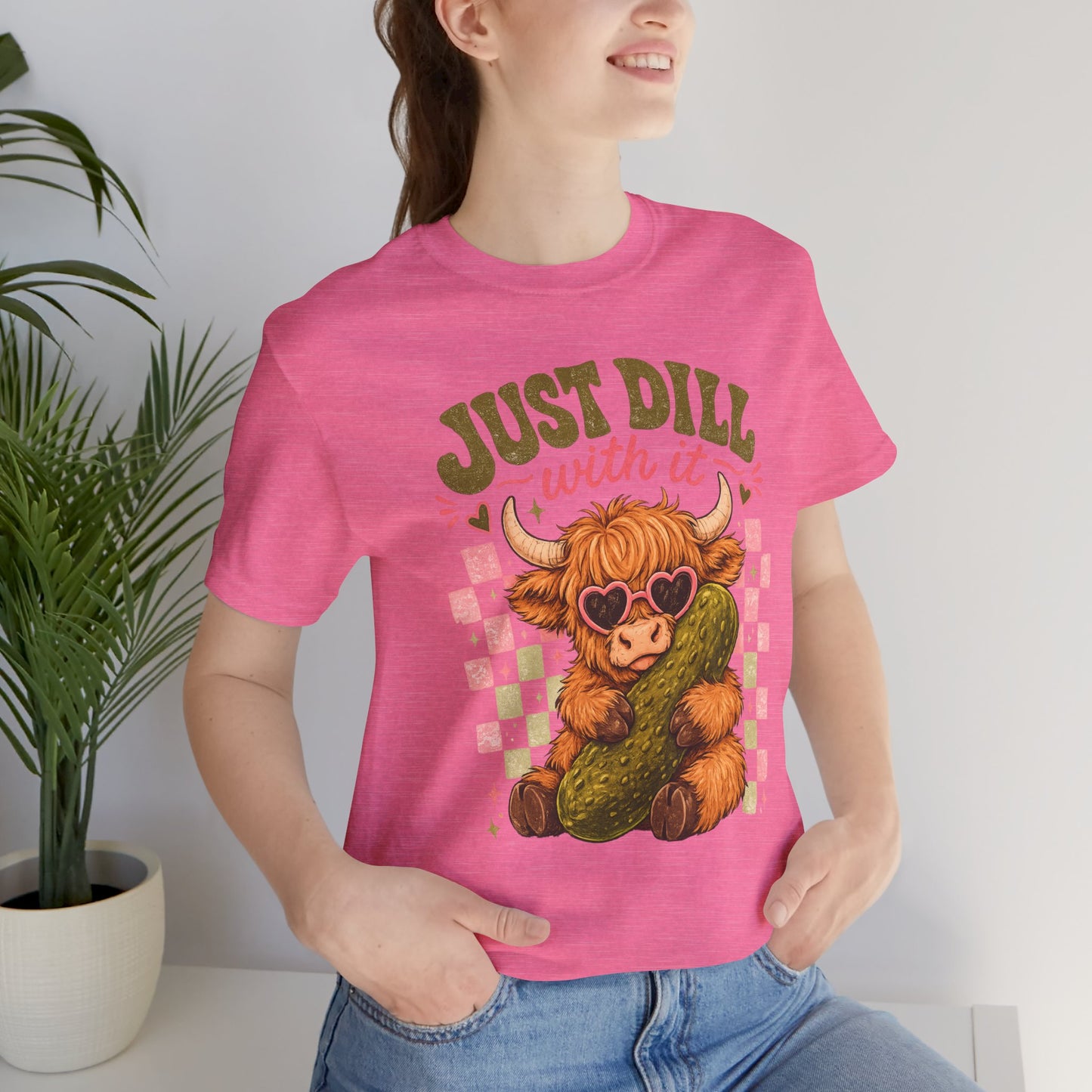 Just Dill With It Tee — Cute Highland Cow Hugging Pickle Graphic T‑Shirt