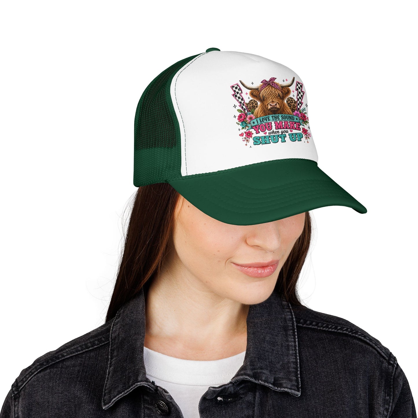 Cow Skull Trucker Hat – “I Love the Sound You Make When You Shut Up” Floral Western Cap