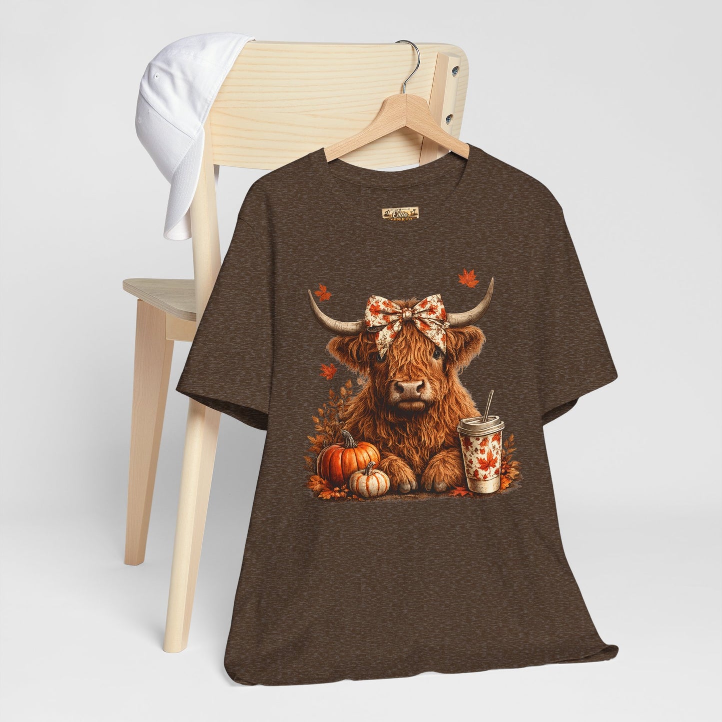 Autumn Highland Cow Tee — Fall Pumpkin Latte Graphic T-Shirt