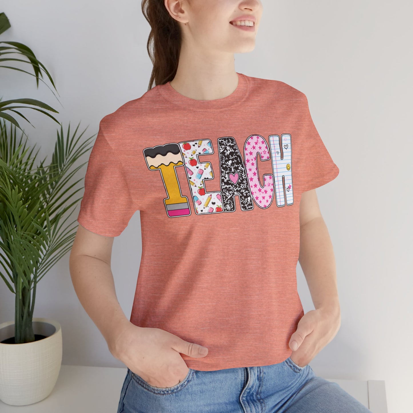 Teach Colorblock Graphic Tee – Cute Patterned Teacher T-Shirt