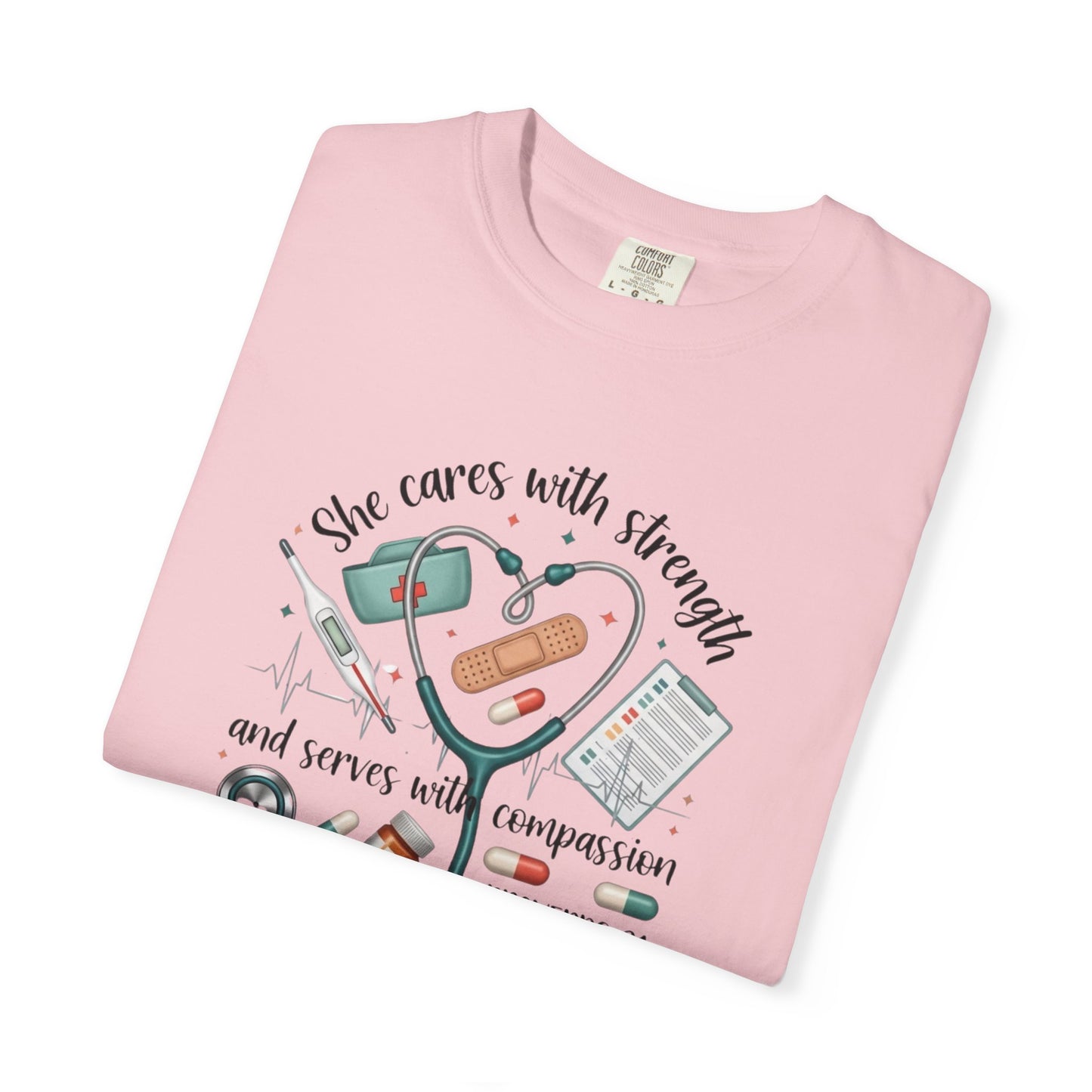 Nurse Heartbeat Graphic T-Shirt — "She Cares with Strength" Psalm 31 Christian Tee