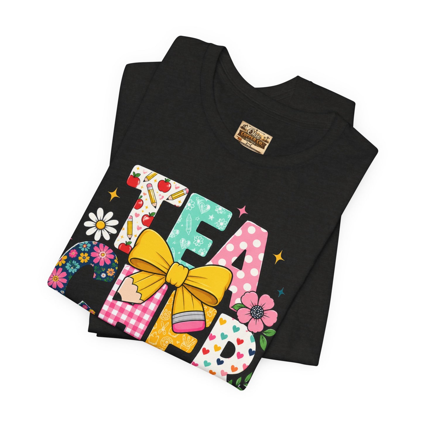 Teacher Floral Bow T-Shirt — Cute 'Teach er' Colorful School Shirt for Teachers