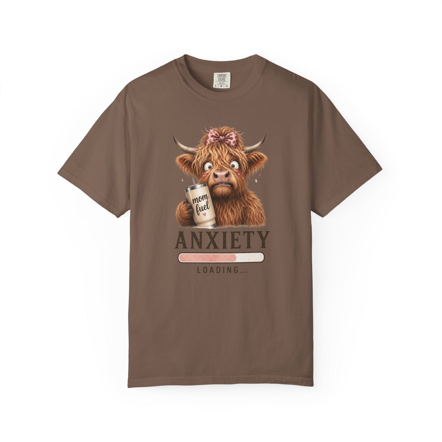 Anxiety Loading T-Shirt — Cute Highland Cow with 'Mom Fuel' Mug
