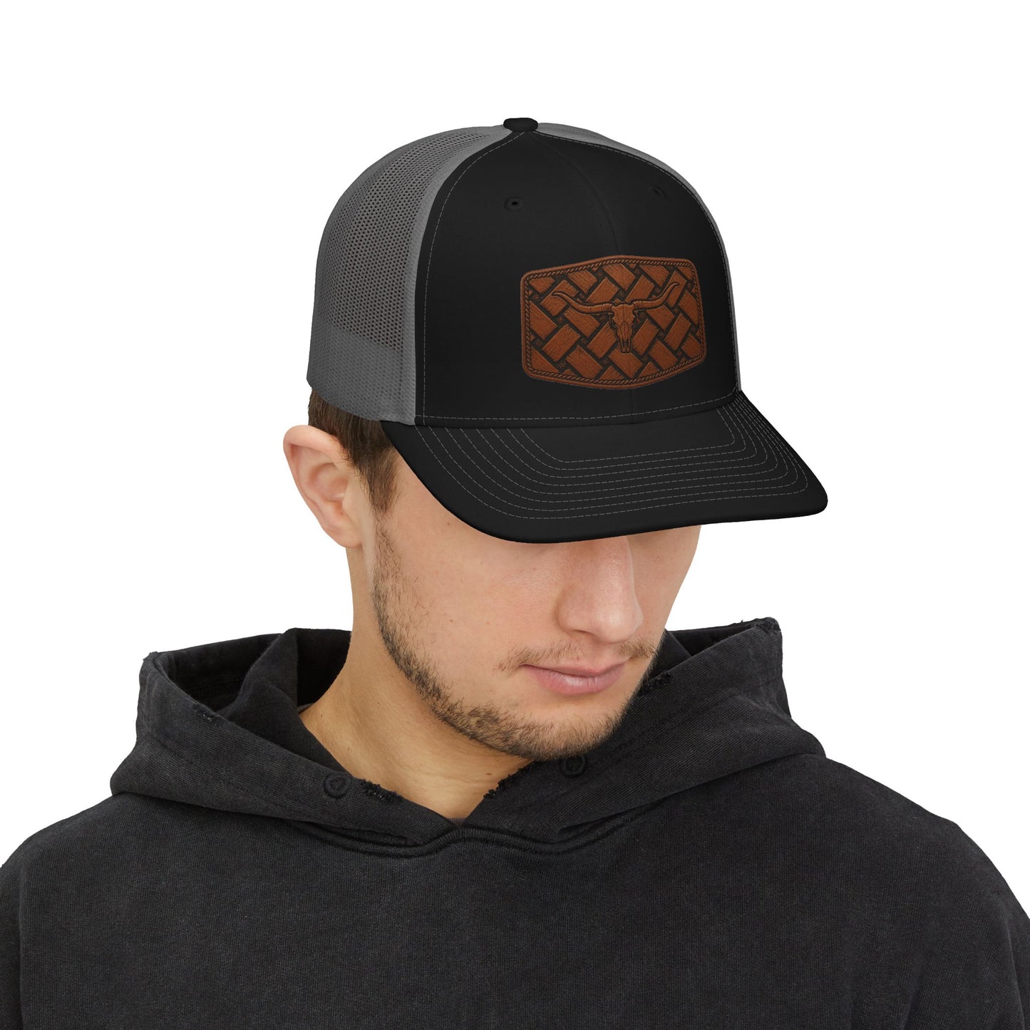 Brown Woven Leather Patch Trucker Cap