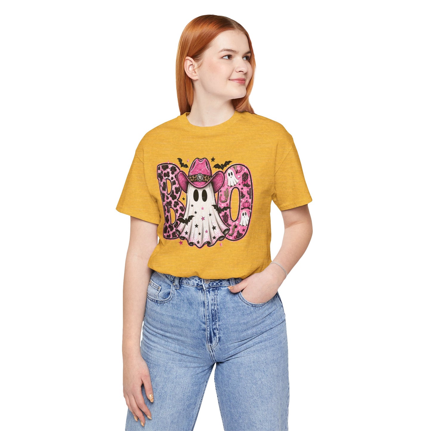 Boo Pink Leopard Ghost Tee — Cute Cowgirl Halloween T-Shirt