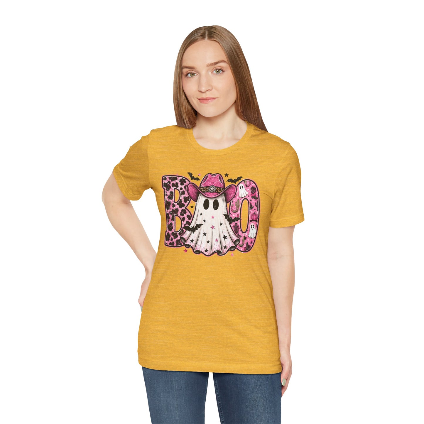 Boo Pink Leopard Ghost Tee — Cute Cowgirl Halloween T-Shirt