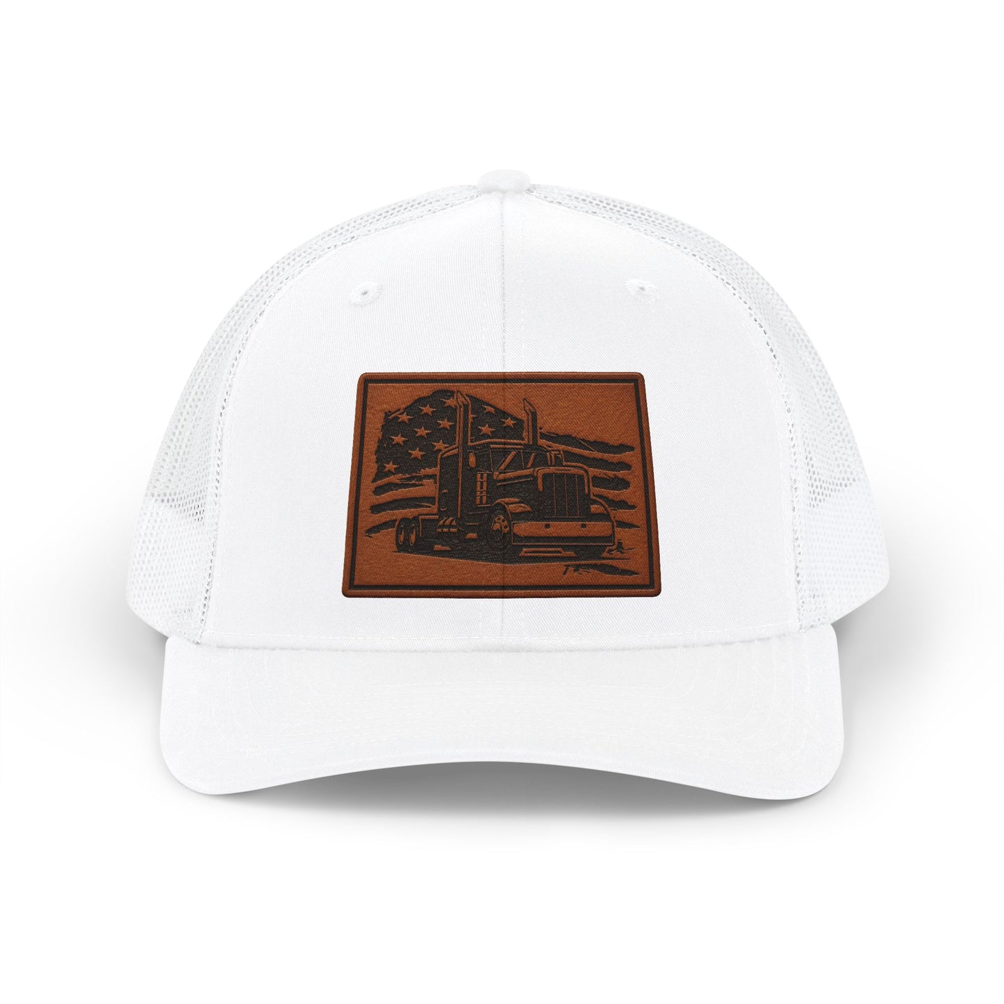 American Flag Semi Truck Leather Patch Snapback Trucker Cap