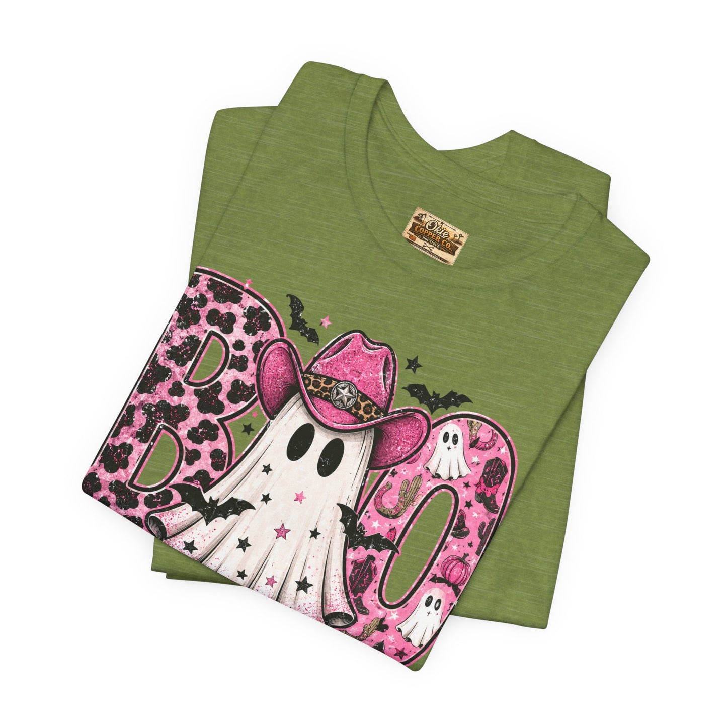 Boo Pink Leopard Ghost Tee — Cute Cowgirl Halloween T-Shirt
