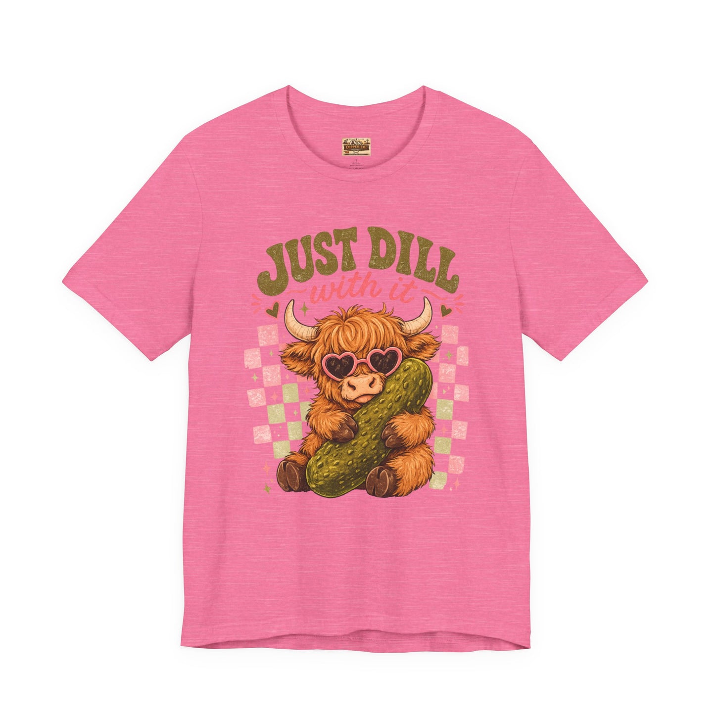 Just Dill With It Tee — Cute Highland Cow Hugging Pickle Graphic T‑Shirt