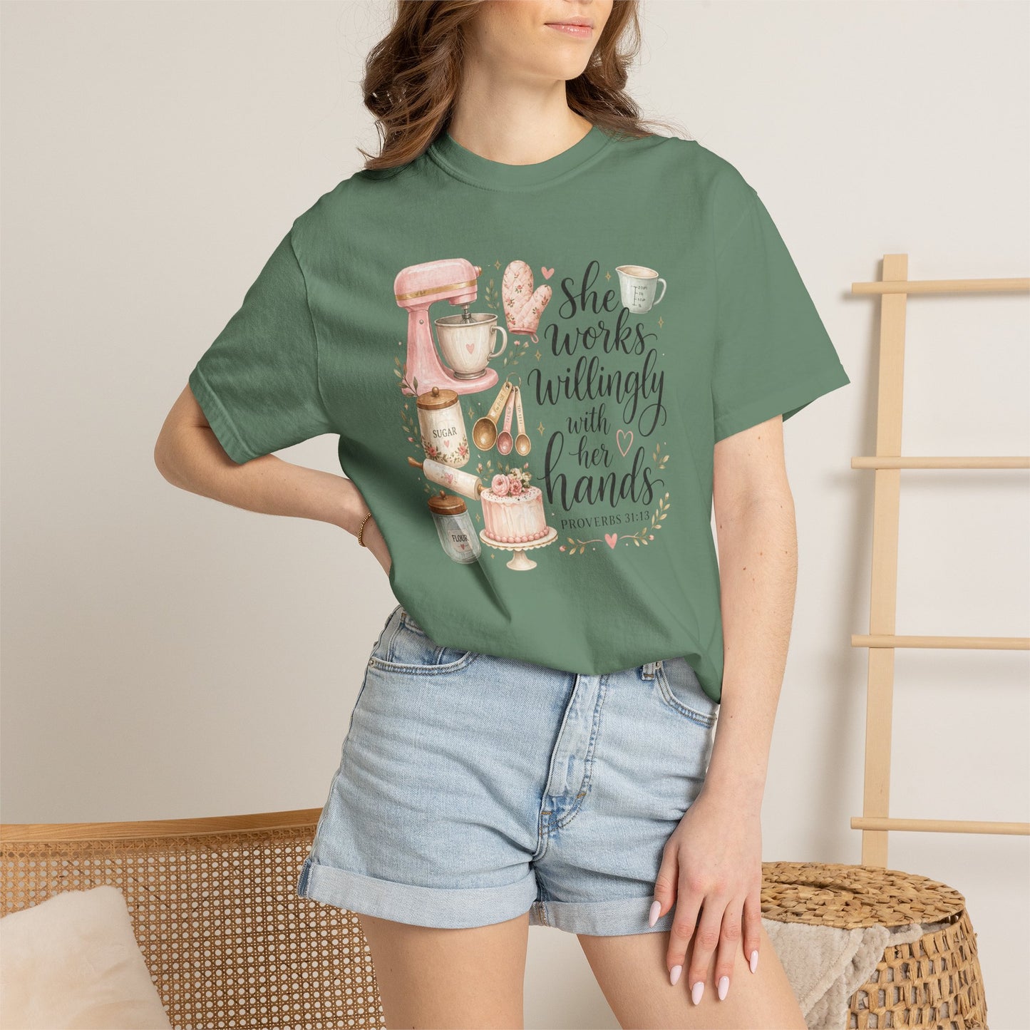 Baker’s Kitchen T-Shirt — “She Works Willingly With Her Hands” Floral Baking Design