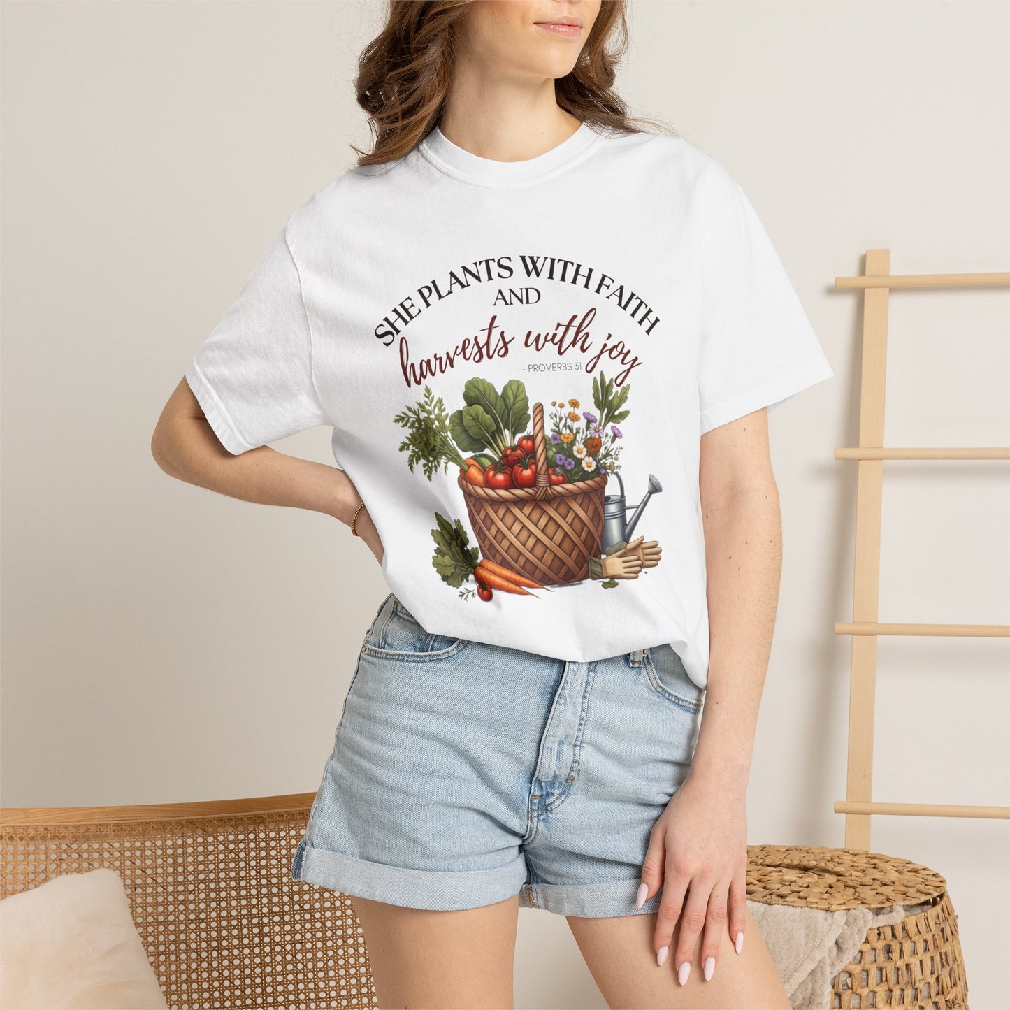 She Plants With Faith Garden T‑Shirt — Harvests With Joy Floral Basket Tee