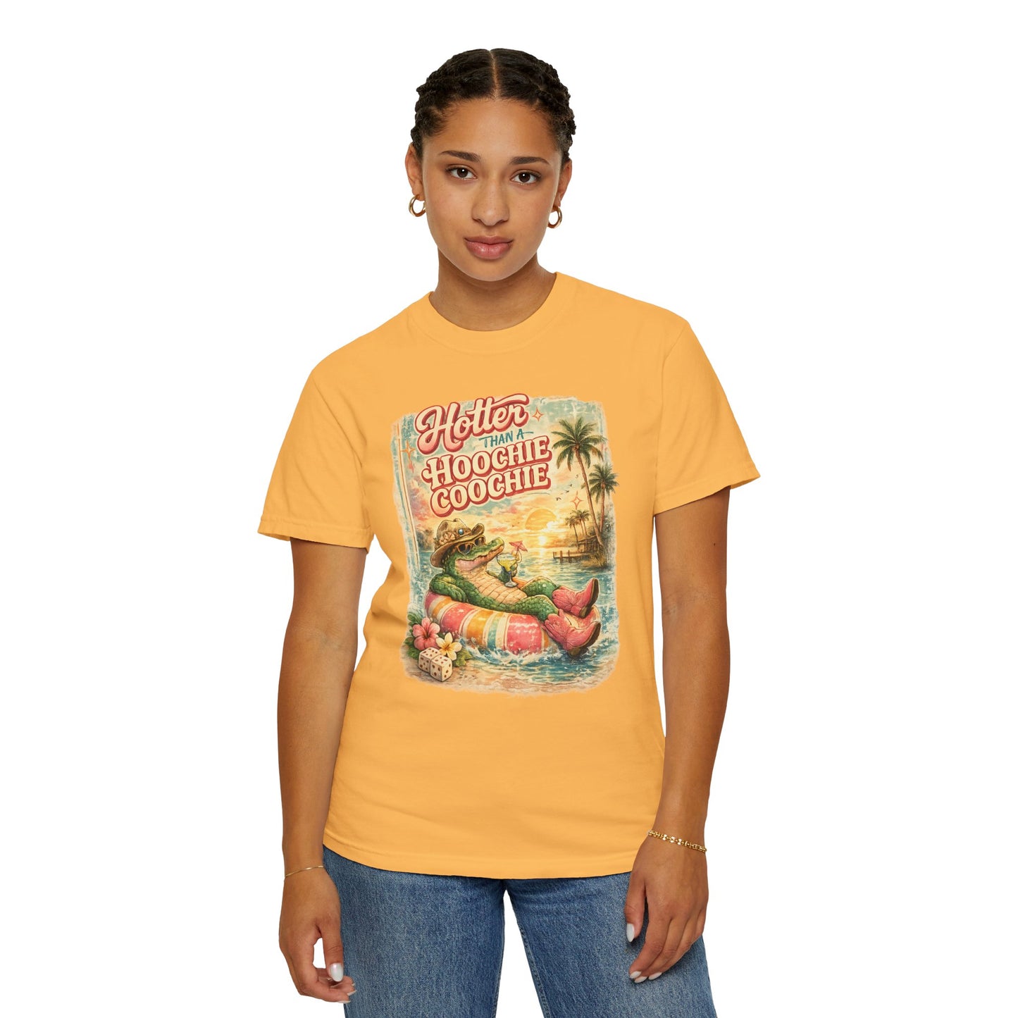 "Hotter Than a Hoochie Coochie" Retro Alligator Beach Graphic