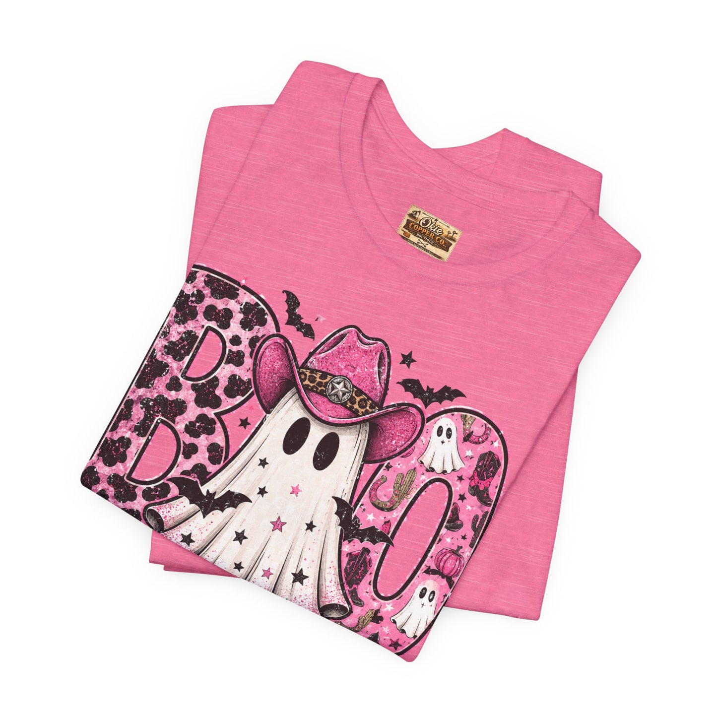 Boo Pink Leopard Ghost Tee — Cute Cowgirl Halloween T-Shirt
