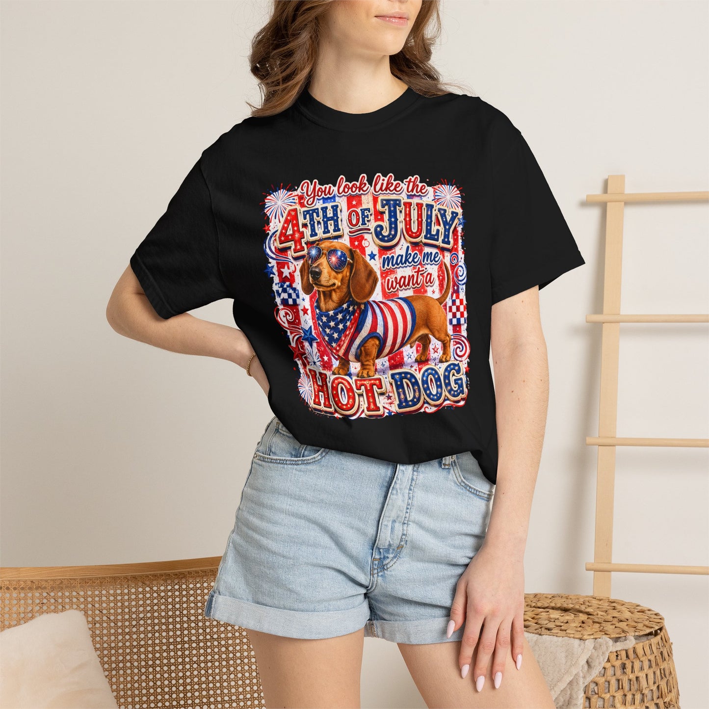 4th of July Hot Dog Dachshund T-Shirt – Patriotic Funny BBQ Tee