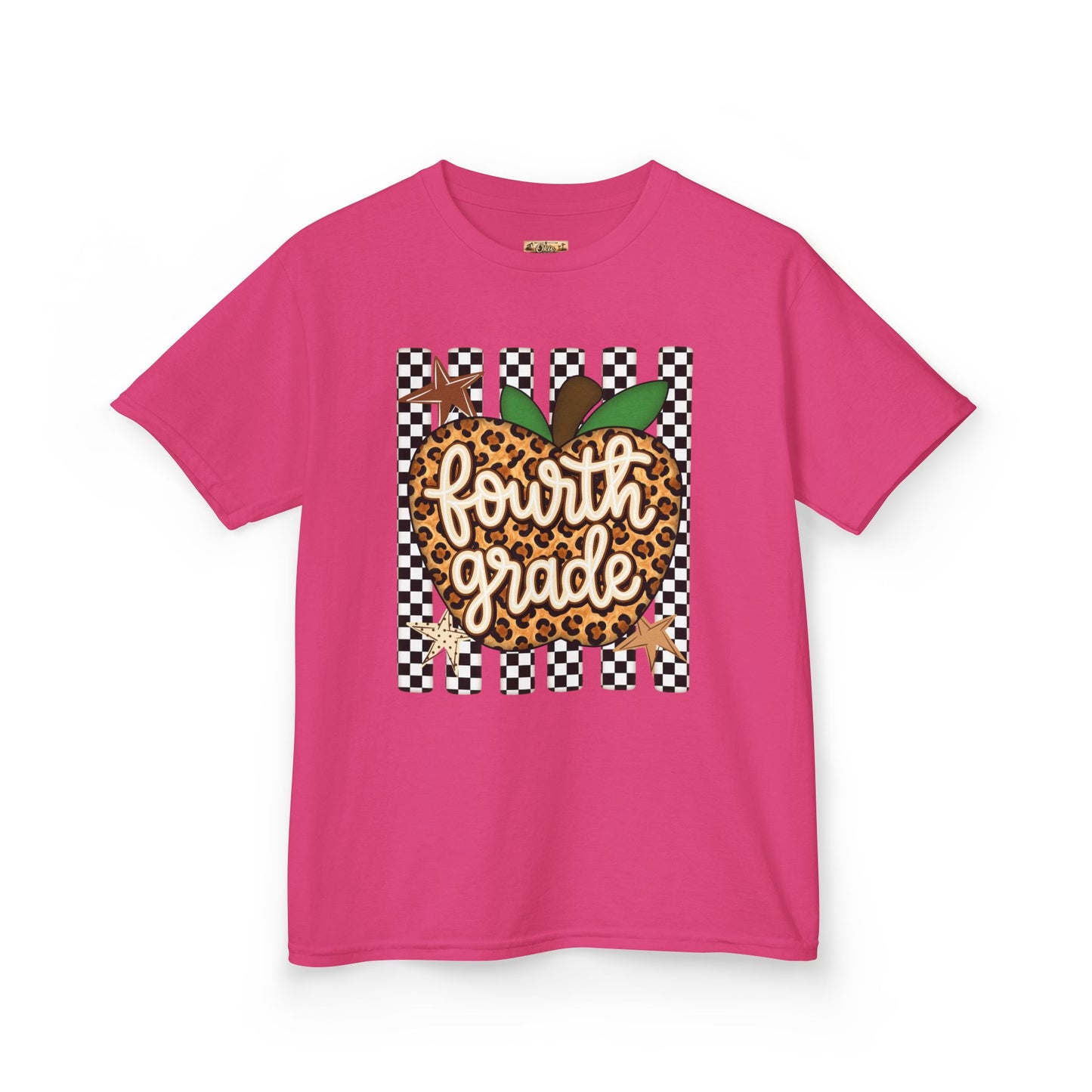 Fourth Grade Apple Kids T‑Shirt — Leopard & Checkerboard Back-to-School Tee