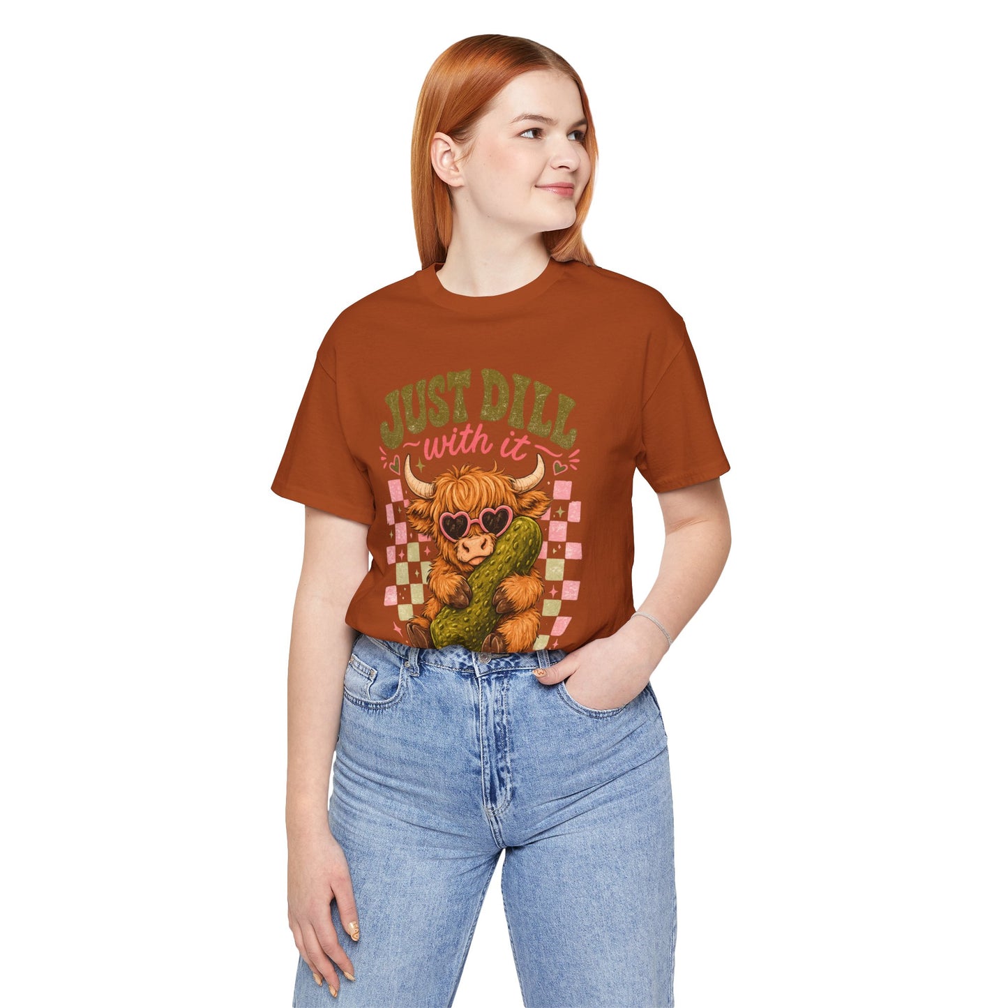 Just Dill With It Tee — Cute Highland Cow Hugging Pickle Graphic T‑Shirt