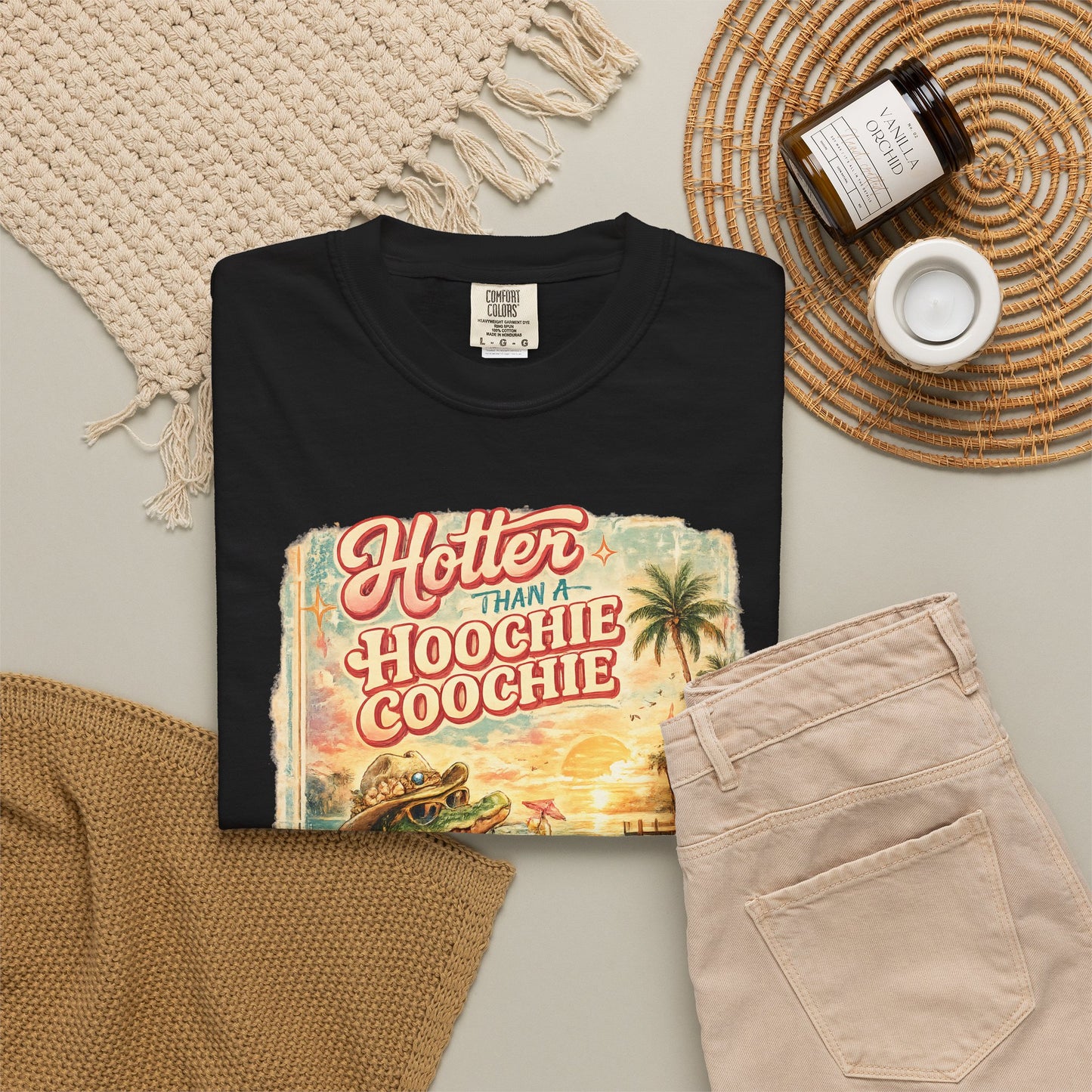 "Hotter Than a Hoochie Coochie" Retro Alligator Beach Graphic