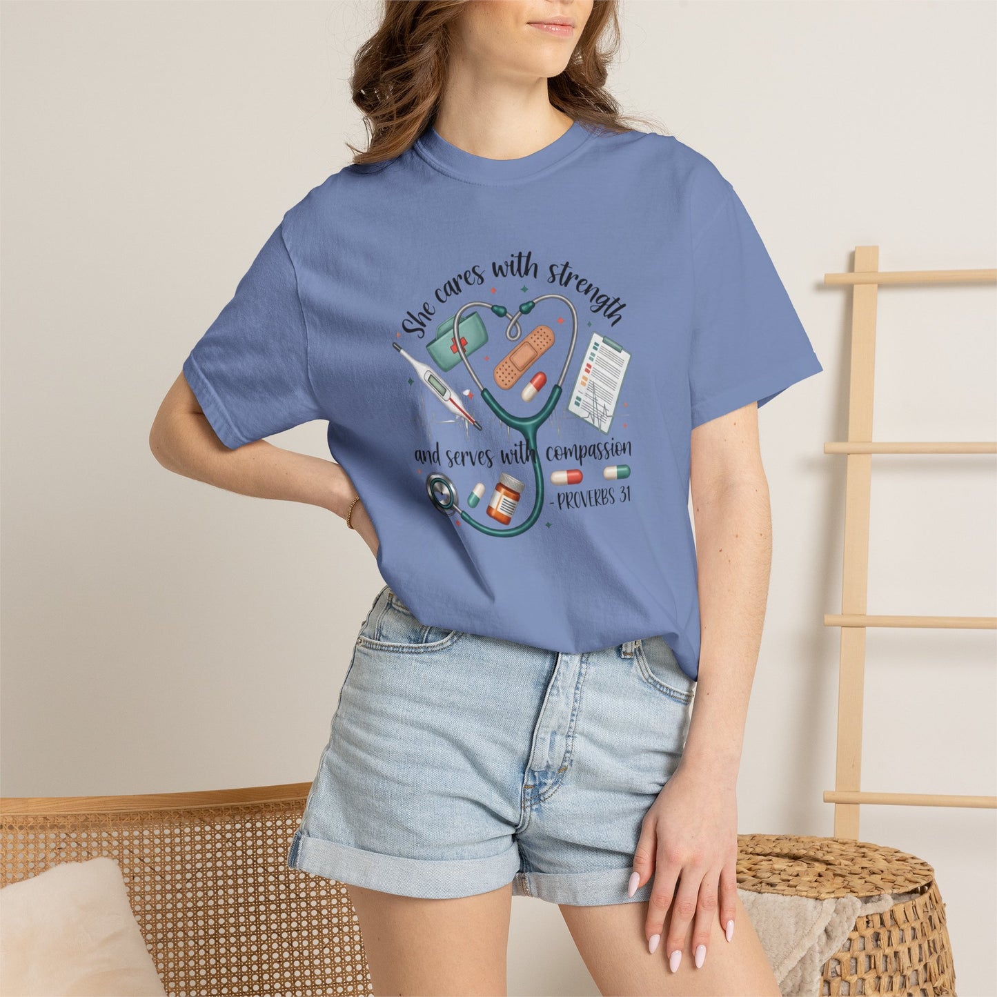 Nurse Heartbeat Graphic T-Shirt — "She Cares with Strength" Psalm 31 Christian Tee