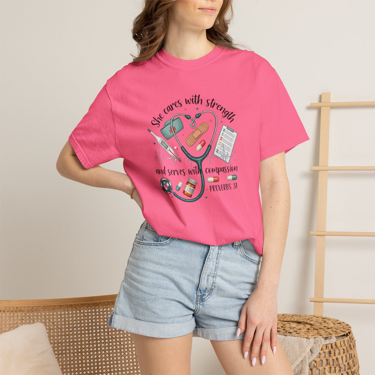 Nurse Heartbeat Graphic T-Shirt — "She Cares with Strength" Psalm 31 Christian Tee